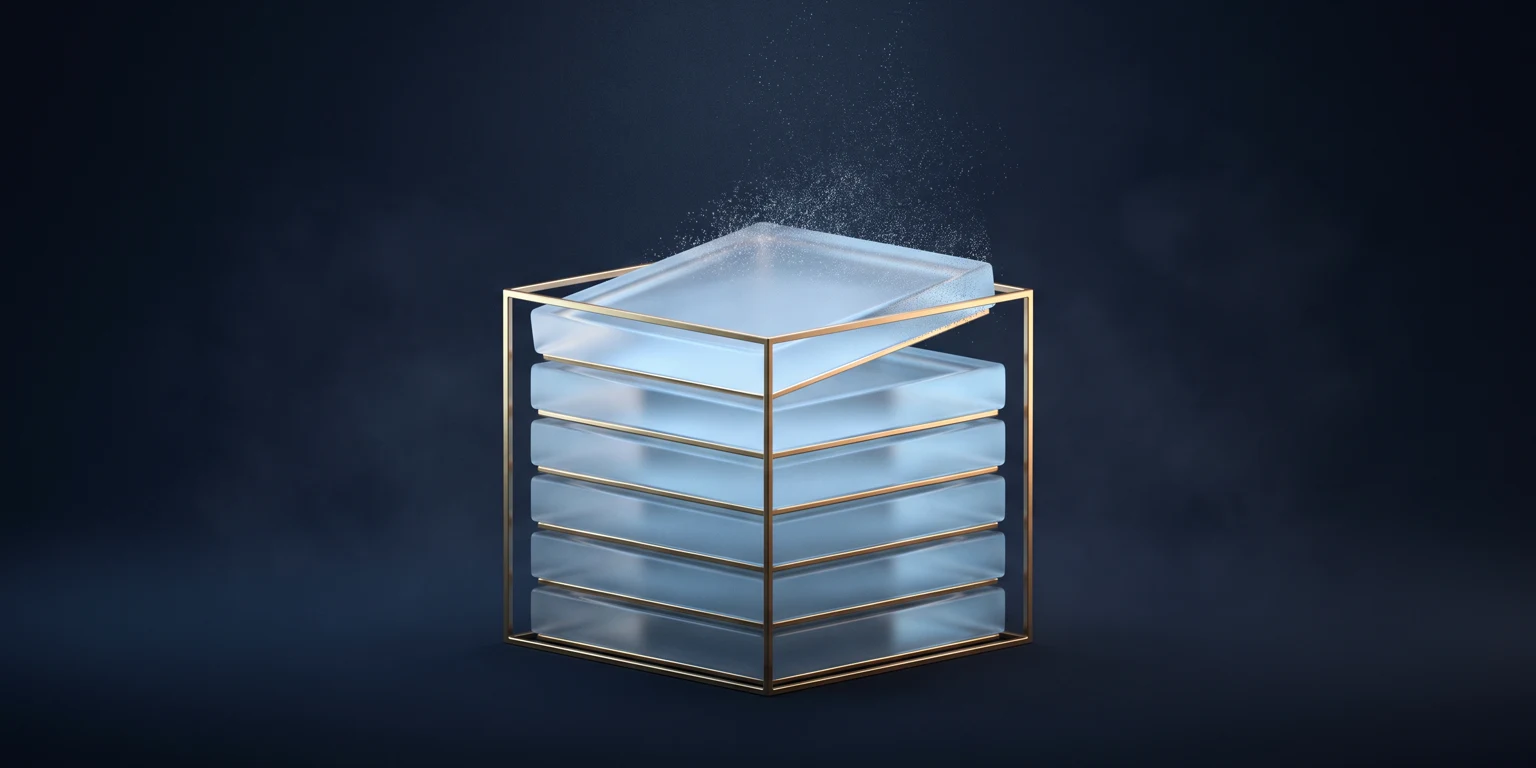 A stack of glass slabs whose top layer dissolves into particles