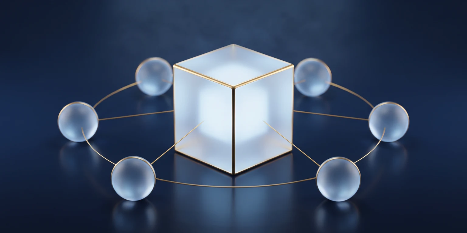 A glass cube tethered by gold threads to six glass spheres